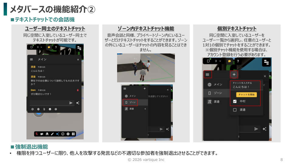 OneVRテキストチャット機能：全体・ゾーン内・個別DMの3モード解説スライド